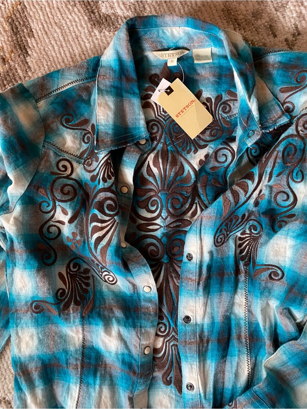 Stetson Teal and White Plaid Western Shirt with Brown Scroll Motif nwt